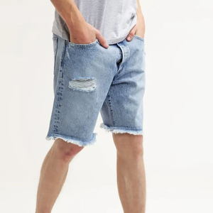 Shorts Bermuda en jean déchiré bleu clair pour homme, taille mi-haute, fermeture boutonnée, style décontracté en coton tissé, couleur unie, haute qualité - Product Image 1