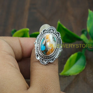Anillo de Plata de Ley 925 con Gema de Turquesa y Ostra Espinosa Naranja, Diseño Hecho a Mano, Anillo de Declaración, Anillo de Promesa, Joyería - Product Image 6