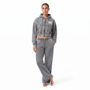 Manufacture Women's Casual Wear Acid Wash Cotton Fleece Full Zip Drop Shoulder <b>Crop</b> <b>Top</b> And Wide Leg Jogger <b>Set</b> - Product Image 2