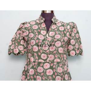 Robe indienne artisanale en coton, élégante, à manches courtes, pour soirée, imprimé floral, cadeau personnalisé, robe de mode pour femme, en provenance d'Inde. - Product Image 2