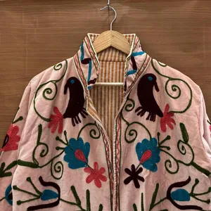 Women Pink Velvet Embroidered Suzani Jacket with Floral Pattern Full Sleeve <b>Stand</b> Collar Handmade Bohemian Autumn <b>Coat</b> - Product Image 6