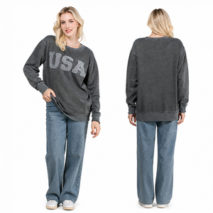 Sudadera Vintage Lavada con Letras USA para Mujer, Oversize, Cuello Redondo, Holgada, Informal, de Algodón y Forro Polar - Product Image 1