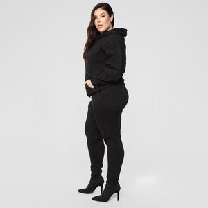 Women Plus Size Black Hooded <b>Tracksuit</b> Full Sleeve Solid Color Casual Jogger Set with Side Pockets Elastic Waist Midweight - Product Image 3