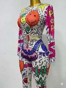 Women Active wear & Gym Jumpsuit Colorful <b>Balloon</b> Print Cartoon Stretch Sparkly Rhinestone Slim Fit for yoga fitness - Product Image 2
