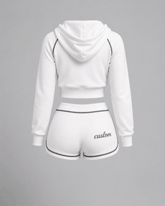 Ensemble de survêtement rose pour femme, deux pièces personnalisées, avec crop top zippé et short, vêtements de sport, fournisseur OEM - Product Image 2