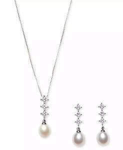 Cultured Freshwater Pearl (7x9mm) and Cubic Zirconia Pendant <b>Necklace</b> & Earring <b>Set</b> in Sterling <b>Silver</b> | Macy's - Product Image 1