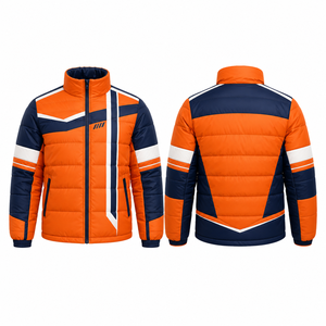 Men's Orange Navy Color Block Puffer Jacket Windproof Zipper Stand Collar Sporty <b>Winter</b> <b>Coat</b> Regular Fit <b>Thick</b> Polyester Wadding - Product Image 1