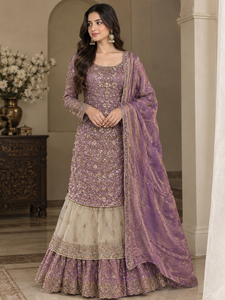 QUNOOT CLOSET Purple Beaded Farshi Sharara Set Embroidered Dupatta Indian <b>Pakistani</b> <b>Wedding</b> Wear Women Regular Fit Floor Length - Product Image 2