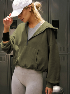 En gros Sweat à capuche court pour femme, pull demi-zip en polaire à manches longues avec cordon de serrage à la taille, coloris Olive, Crème, Noir, Rose, style Streetwear - Product Image 5