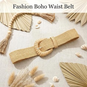 Ceinture élastique en paille tressée pour femmes, large et réglable, avec boucle ronde, pour robe ou tenue de plage - Product Image 4