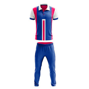 Men's Custom Cricket Uniform Set Blue Pink <b>White</b> Color Blocking Short Sleeve <b>Polo</b> Moisture Wicking Polyester All Seasons Apparel - Product Image 4