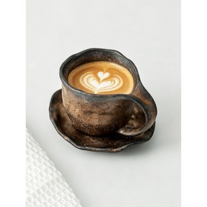 แก้วกาแฟเซรามิกทำมือทนความร้อนสำหรับน้ำชายามบ่าย พร้อมถาดสไตล์วาบิซาบิ ลายหัวใจสำหรับลาเต้อาร์ต - Product Image 1