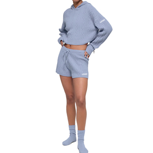 Custom <b>Cable</b> Knit Winter Bliss Hoodie & Shorts Set Women Winter Loungewear OEM Knitwear Set Private Label Supplier - Product Image 1