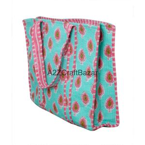 Handmade Quilted Cotton Tote <b>Bag</b> with Long Handle Striped Pattern Indian Craftsmanship Rajasthan for Women-Groceries Daily Use - Product Image 1