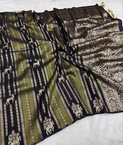 Tissu Jacquard Royal Wilderness Designer, Motif Cerf Traditionnel, Premium Khadi Crap Georgette, Tissage Jari, Teinture à la Main, pour Mariage et Diwali - Product Image 2