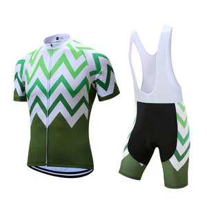 Conjunto de maillot y pantalón corto de ciclismo para hombre, verde y blanco con patrón en zigzag, jersey de manga corta con cremallera completa, ropa de ciclismo de verano que absorbe la humedad - Product Image 1