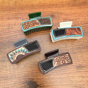 Customized Western Hair Claw <b>Clips</b> Engraved Tooled Leather Floral Cowgirl Sweet Cool Design Rectangular Oversized Women's Gift - Product Image 4