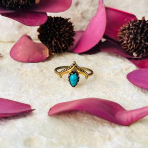 <b>Turquoise</b> V shape <b>Ring</b> Gold Plated Brass <b>Ring</b> Antique Brass Finish Tribal Crown <b>ring</b> for women - Product Image 1