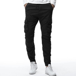 Pantalon cargo noir pour hommes, taille élastique, cordon de serrage, plusieurs poches, style décontracté, pantalon en coton, vêtements d'automne - Product Image 1