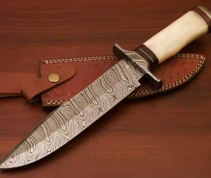 Cuchillo Bowie de Caza PRESTIGE BLADES Personalizado al por Mayor (ODM/OEM) con Hoja de Acero de Damasco, Punta Caída y Mango de Madera con Funda Personalizada - Product Image 5