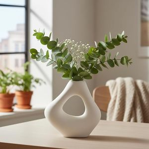 Vase en céramique blanche minimaliste en forme de donut, en porcelaine mate, pour table, décoration florale, décoration de la maison, décoration de mariage - Product Image 5