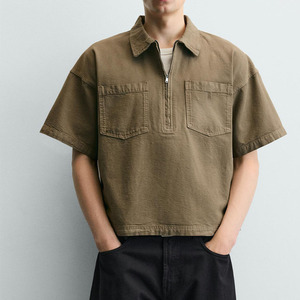 Polo Homme Demi-Zip Marron Olive de Haute Qualité, Style Utilitaire, Couleur Unie, Dernier Cri, en Toile avec Poches, Conception OEM - Product Image 1