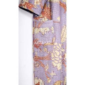 Kimono de Mujer Estilo Kantha, Algodón, Estampado Floral Elegante, Hecho a Mano, Talla Grande, Estilo Boho, Largo hasta la Rodilla, Cuello en V, Cierre con Cordón - Product Image 3