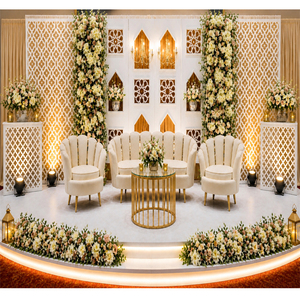เวทีงานแต่งงานสไตล์โมเดิร์นแบบราชวงศ์มุกุฎราชวงศ์ พร้อมฉากหลังลายฉลุแบบจาลีที่ประณีต  แผงโลหะตัดด้วยเลเซอร์สำหรับตกแต่งงานอีเว้นท์ - Product Image 1