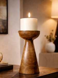 Support de bougie en bois brun en forme de bol avec base conique pour décoration d'intérieur - Product Image 1