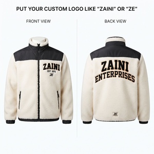 Veste longue et fine en polaire polyester doux 300 GSM de qualité supérieure, texture sherpa chaude, noire avec panneau contrastant, logo personnalisé - Product Image 1
