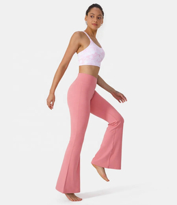 <b>High</b> <b>Waist</b> <b>Flared</b> Leg Yoga <b>Leggings</b> Ankle-Length Solid Pink Spandex Nylon Seamless Elastic <b>Waist</b> - Product Image 4