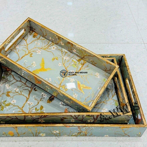 ชุดถาด MDF รูปหกเหลี่ยมตกแต่ง พร้อมเคลือบเงาแบบกระดาษเคลือบเงา ลายดอกไม้และนกสไตล์วินเทจ สำหรับจัดเก็บ - Product Image 2