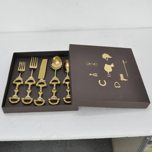 Gold Horse Bit Cutlery <b>Set</b> Equestrian Design Gold Pvd Coated Luxury <b>Flatware</b> <b>Sets</b> With Custom Gift Box Black Color - Product Image 1