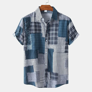 เสื้อฮาวายลายต่อผ้าสไตล์วินเทจสำหรับผู้ชาย สีสันสดใส พิมพ์ลายสี่เหลี่ยมสามมิติ แขนสั้น สวมใส่สบาย ติดกระดุม ทรงหลวม - Product Image 5