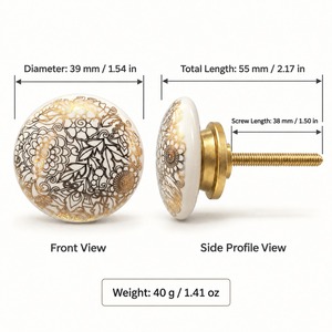 SHUBHAM Perilla Decorativa de Cerámica para Muebles, Tirador Redondo Floral en Color Marfil, Negro y Dorado para Cajones, Armarios y Cómodas - Product Image 6