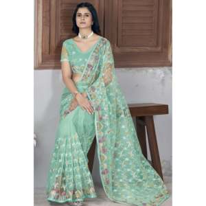 Saree de broderie au point de chaîne de designer avec détail de fil d'aluminium pour la fête - Product Image 1