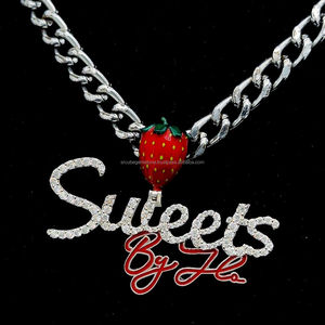 Collar con colgante de inicial de plata cursiva, fianza de fresa, esmalte rojo, joyería de Hip Hop para mujer, Diamante chapado en oro para fiestas - Product Image 2