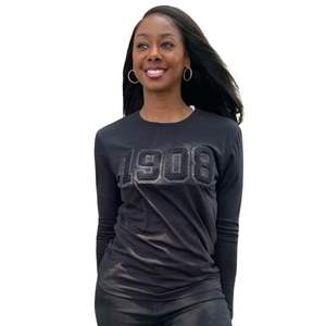 All Black <b>Glitter</b> 1908 <b>Long</b> <b>Sleeve</b> Tee Women Slim Fit Chenille Number Premium Cotton Stylish Casual Wear - Product Image 1