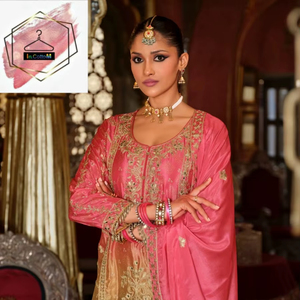 Ensemble Salwar en Chinon lourd imprimé numériquement avec broderie, entièrement cousu, comprenant un haut et un pantalon Palazzo avec dupatta - Product Image 1