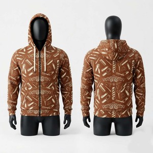 Barber Hoodie Premium Polyester <b>Fleece</b> 320 GSM <b>Brown</b> Cream All Over Sublimation Print Custom Logo Full Zip Pullover Men - Product Image 1