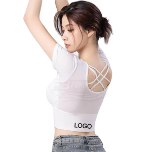 <b>Support</b> Custom Logo Front Cross <b>Back</b> Yoga Crop Top Women's Short Sleeve Breathable Built-in Bra Plus Size Quick Dry Activewear - Product Image 1