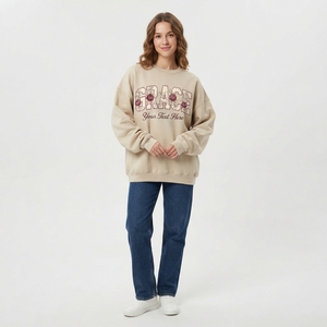 Sweat-shirt à col rond imprimé Grace Letter pour femme, en coton tricoté surdimensionné, vêtement d'automne, beige clair, manches longues - Product Image 1