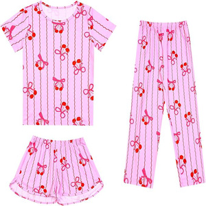 Conjunto de Pijama para Bebés Niñas con Estampado de Corazones, Camiseta y Pantalones Cortos, Transpirable, de Algodón y Spandex, Ropa de Dormir de Verano, Cuello Redondo, Manga Corta, 3 Piezas - Product Image 5