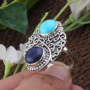 Handmade 925 Sterling <b>Silver</b> Lapis Lazuli Turquoise Bezel Setting Wedding <b>Ring</b> Natural Multi Gemstone Artisan Dotted <b>Statement</b> - Product Image 4