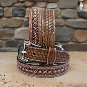 Wholesale Vintage Hand Tooled Western Leather <b>Belt</b> with Beads Engraved Buckle Custom Branding Available - Product Image 5