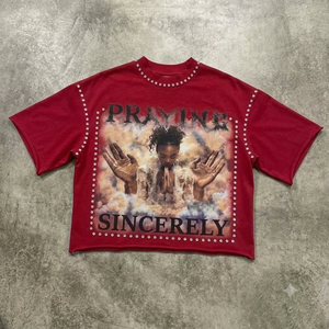 T-shirt graphique surdimensionné personnalisé pour hommes et femmes, vintage, délavé, 100% coton, streetwear, strass, perles, effet vieilli, 300g, tendance - Product Image 3