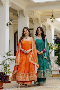 Vestido de seda Vichitra con bordado de espejos reales, dupatta Leheriya y palazzo, atuendo festivo tradicional para mujer (II 46) - Product Image 2