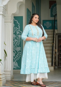 Women's <b>Plus</b> <b>Size</b> Cotton Anarkali Kurta Blue Floral Printed Embroidered Round Neck Three Quarter Sleeves Comfortable Wear - Product Image 6