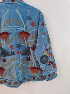 Veste en coton brodée florale bohème bleue, col mandarin, manches longues, vêtements décontractés pour adultes, tenue de printemps - Product Image 3