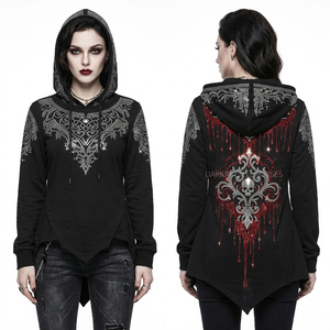 Sweat à capuche noir personnalisé pour femme avec strass, motif tête de mort, design effet goutte, ourlet asymétrique pointu, style streetwear, sweat à capuche scintillant - Product Image 1